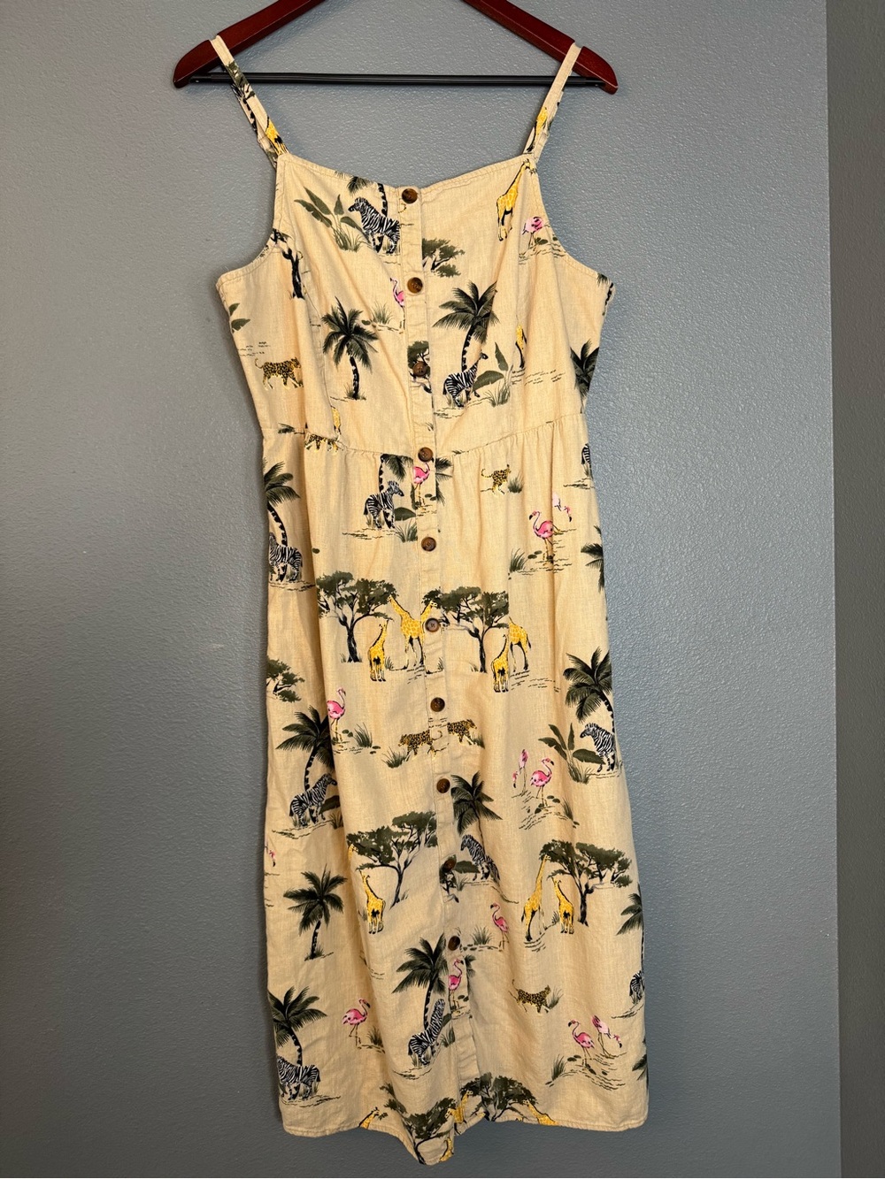 Old Navy Linen Blend Safari Animal Print Button Front Midi Dress Large